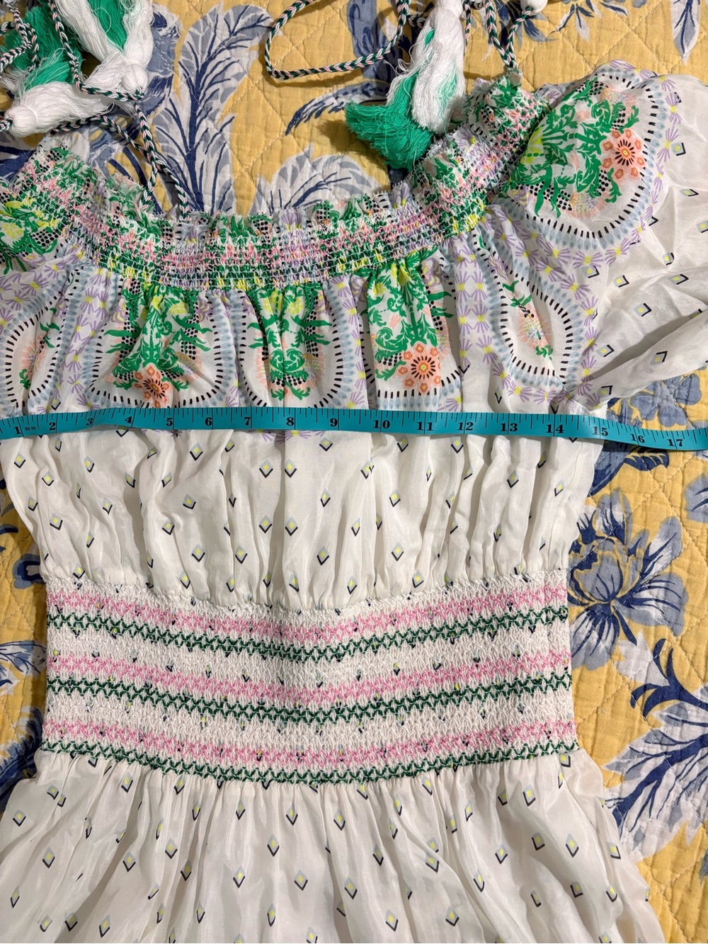 ALICE + OLIVIA Off-Shoulder Smocked Dress with Green Floral Print (Small petite) - Picture 6 of 16